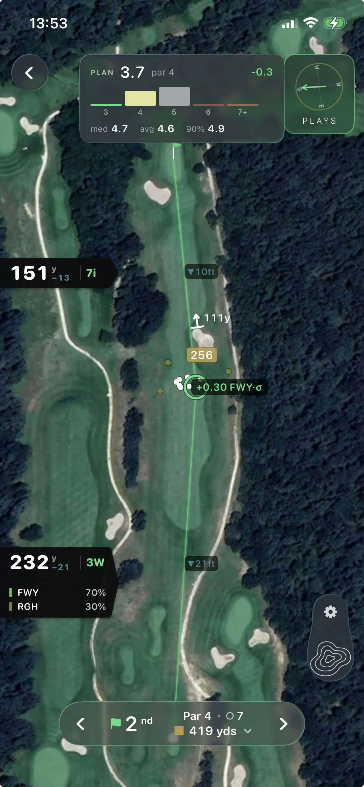 Hole preview in the app for a 419-yard par 4, showing the aim line from the tee and the plan's expected strokes (3.7, -0.3 versus par) overlaid on the fairway landing zone